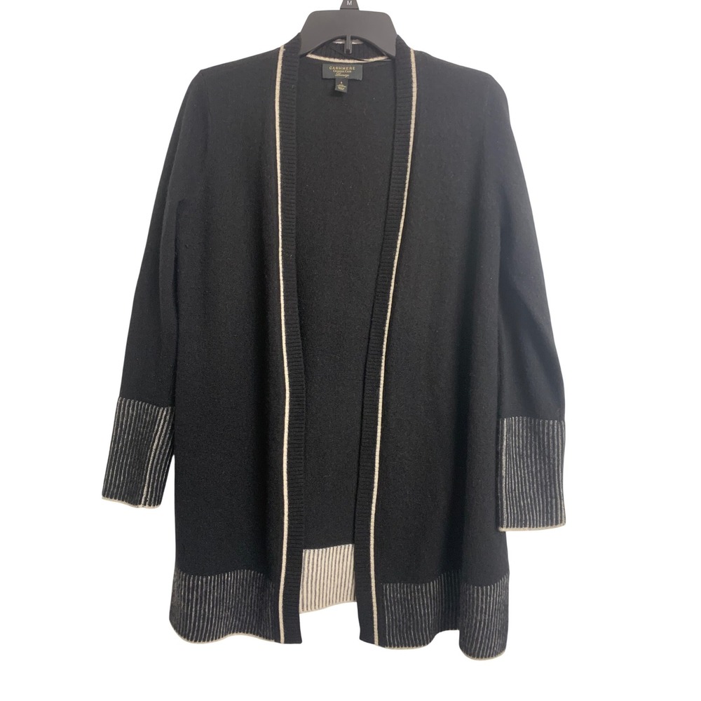 Charter Club Luxury 100% Cashmere Cardigan Sweater Black Striped Trim  S‎